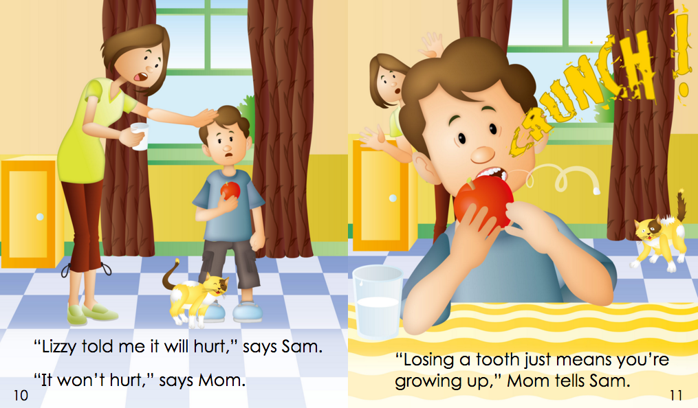 Illustration of a child talking to a parent and another child with a loose tooth