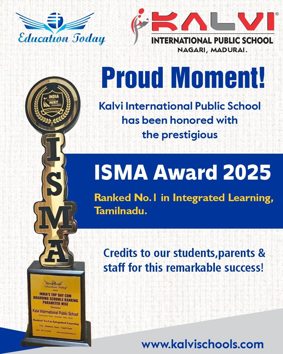 KALVI INTERNATIONAL PUBLIC SCHOOL,  NAGARI is Ranked No 1 in Integrated Learning,  Tamilnadu